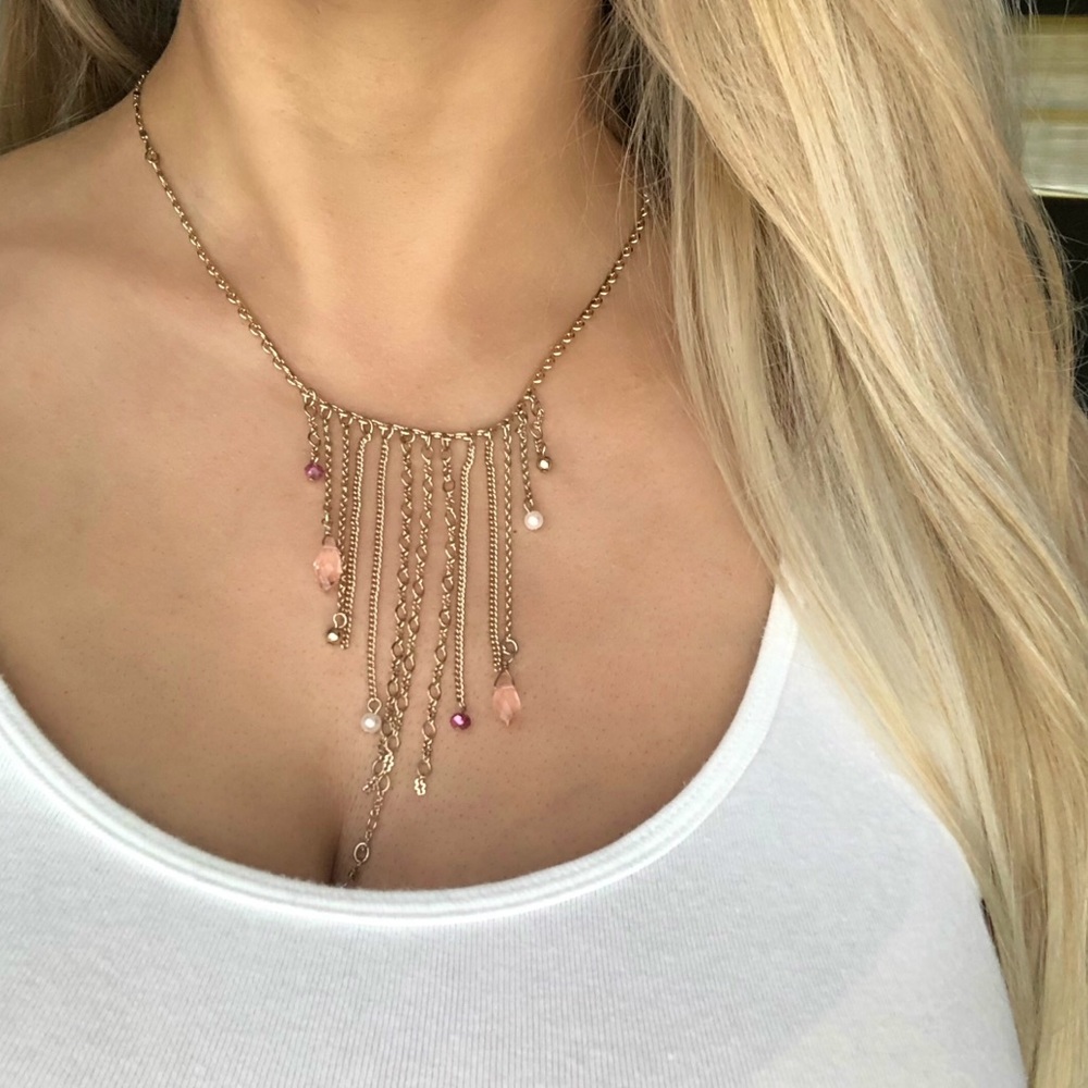 Express gold fringe pink gems necklace